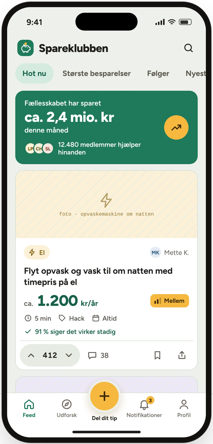 Spareklubben-appens feed med et sparetip om at flytte opvask og vask til om natten